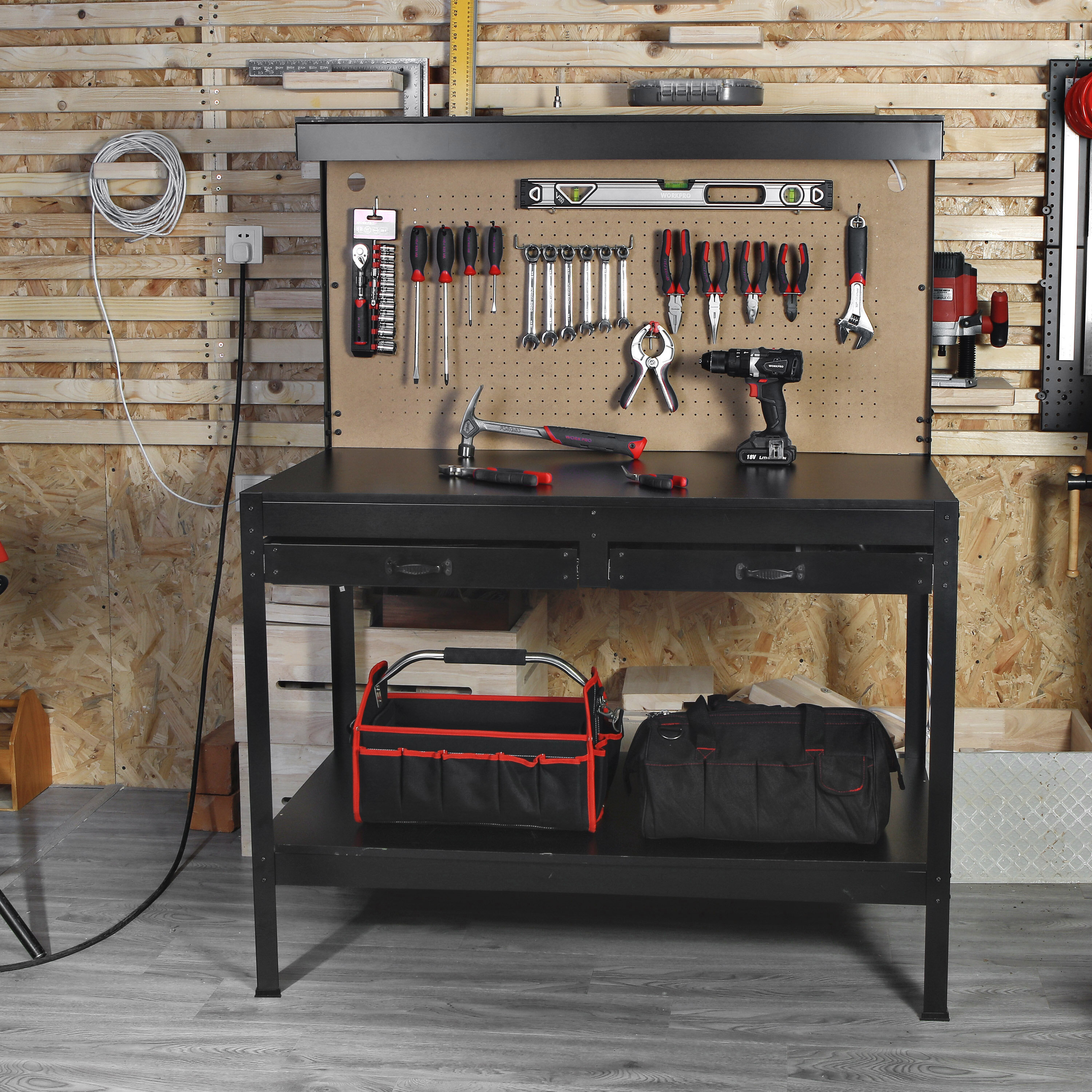 Garage Workbench with Light Wood Steel Work Bench Tools Table Home Workshop