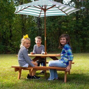 Table Bench Set for Toddlers Indoor Outdoor Backyard Garden Kids Picnic Table with Removable Umbrella Patio Yard Green 