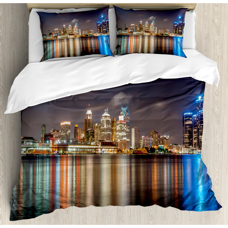 East Urban Home Detroit Modern Metropolis Cityscape At Night Time Detroit River Reflection Duvet Cover Set Wayfair