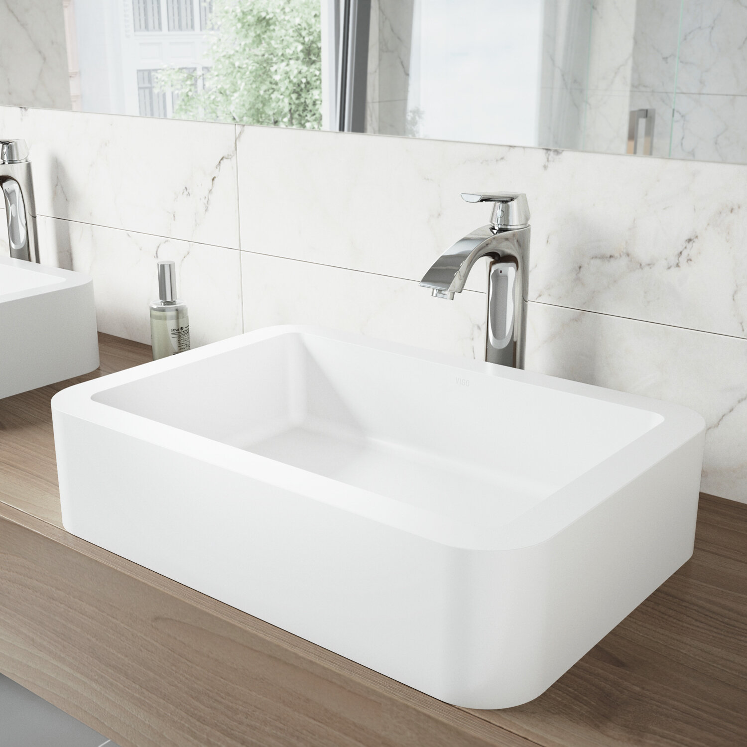 Vigo Matte Stone Rectangular Vessel Bathroom Sink With Faucet