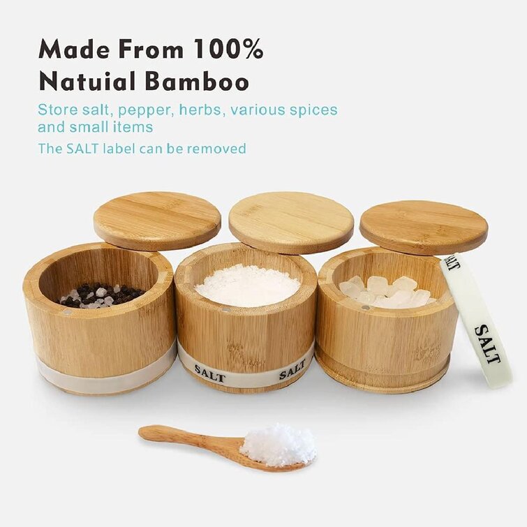 Pepper Spice Sugar Bamboo Salt and Pepper Cellars Salt Storage Bowl with Magnetic Swivel Lid 2pcs Spice Containers with Serving Spoons Pepper Box Engraved with Salt and Pepper for Salt Style 1