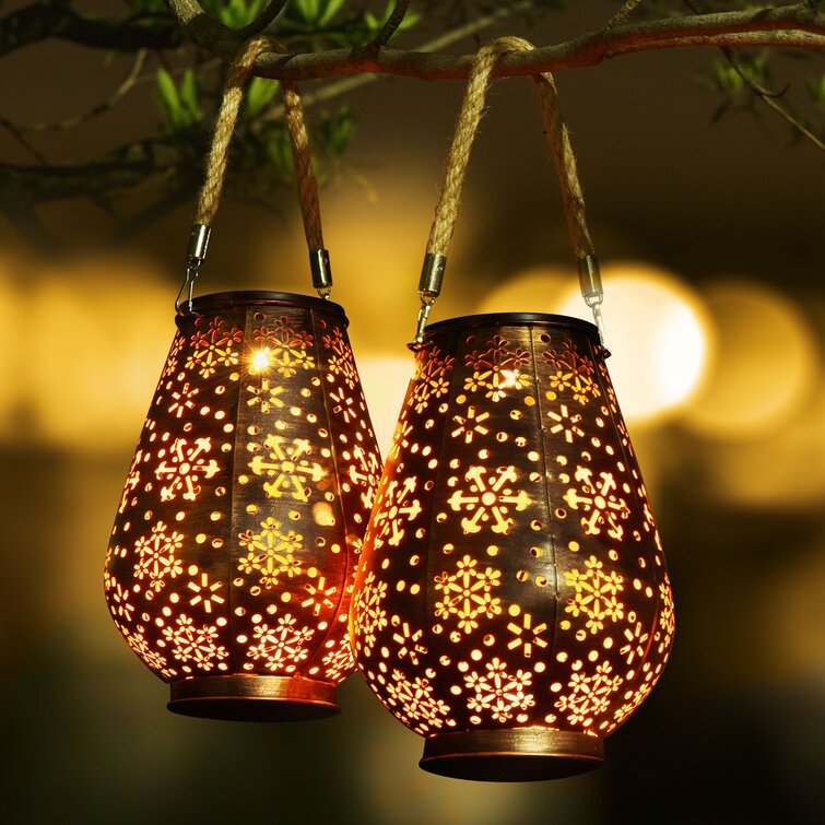 Solar LED Hanging Light Retro Hollow Lantern Outdoor Garden Yard Decoration Lamp 