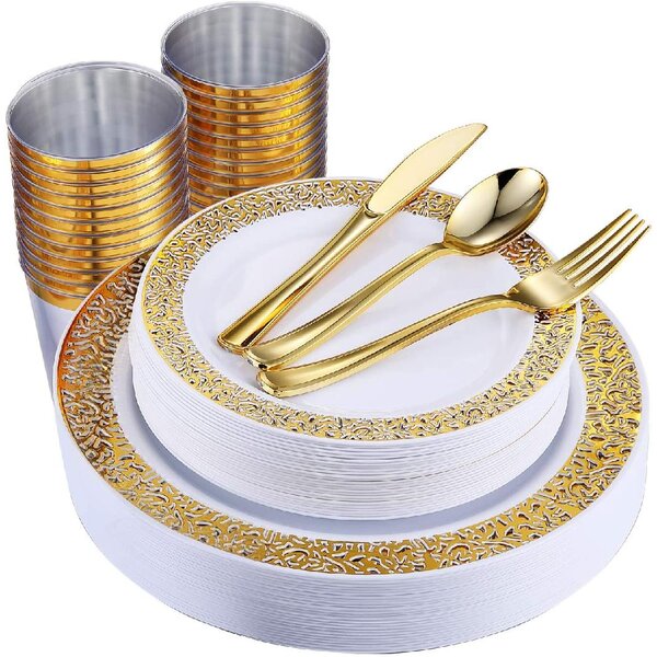 Black and Gold Plastic Plates,Gold Plastic Silverware,Black and Gold Dinnerware Set,Premiun Plastic Taleware,Service for 30 Guests Place Setting for Wedding,Party,Birthday 150pcs Black Plastic Plates 