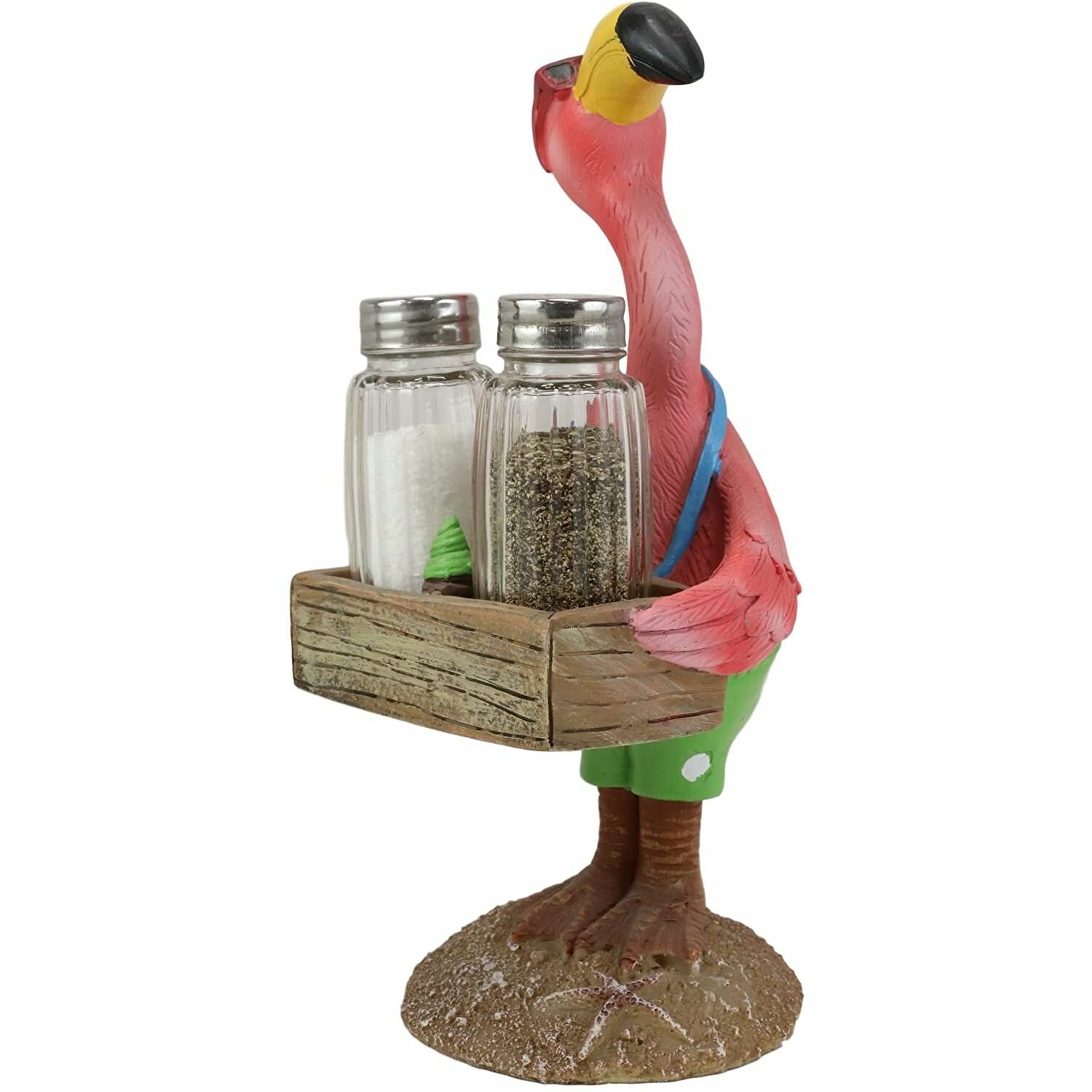 Ebros Tropical Paradise Bird Pink Butler Flamingo With Cool Shades And Spice Basket Display Holder Statue With Glass Salt And Pepper Shakers Set Wild Birds Decor Figurine Kitchen Dining Centerpiece
