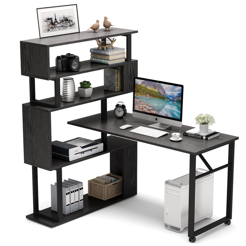Inbox Zero Rotating L Shaped Computer Desk With 5 Tier Shelves Bookshelf Modern Corner Work Desk With Storage Reversible Office Desk Writing And Study Desk On Wheels Wayfair Ca