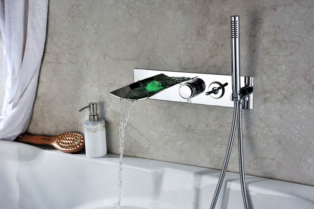 Sumerain Double Handle Wall Mount LED Waterfall Tub Faucet with ... Sumerain Double Handle Wall Mount LED Waterfall Tub Faucet with ...