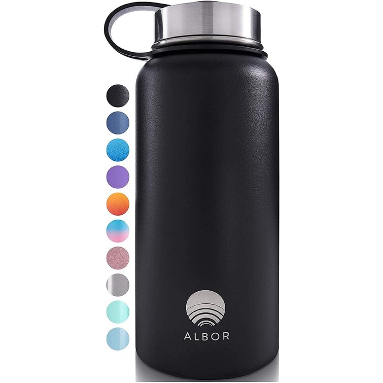 Insulated Water Bottle with Straw Black 32 oz Water Bottles Reusable Water Bottle by Albor Triple Insulated Stainless Steel Water Bottles with 4 Leak-Proof Lids and 2 Straws 