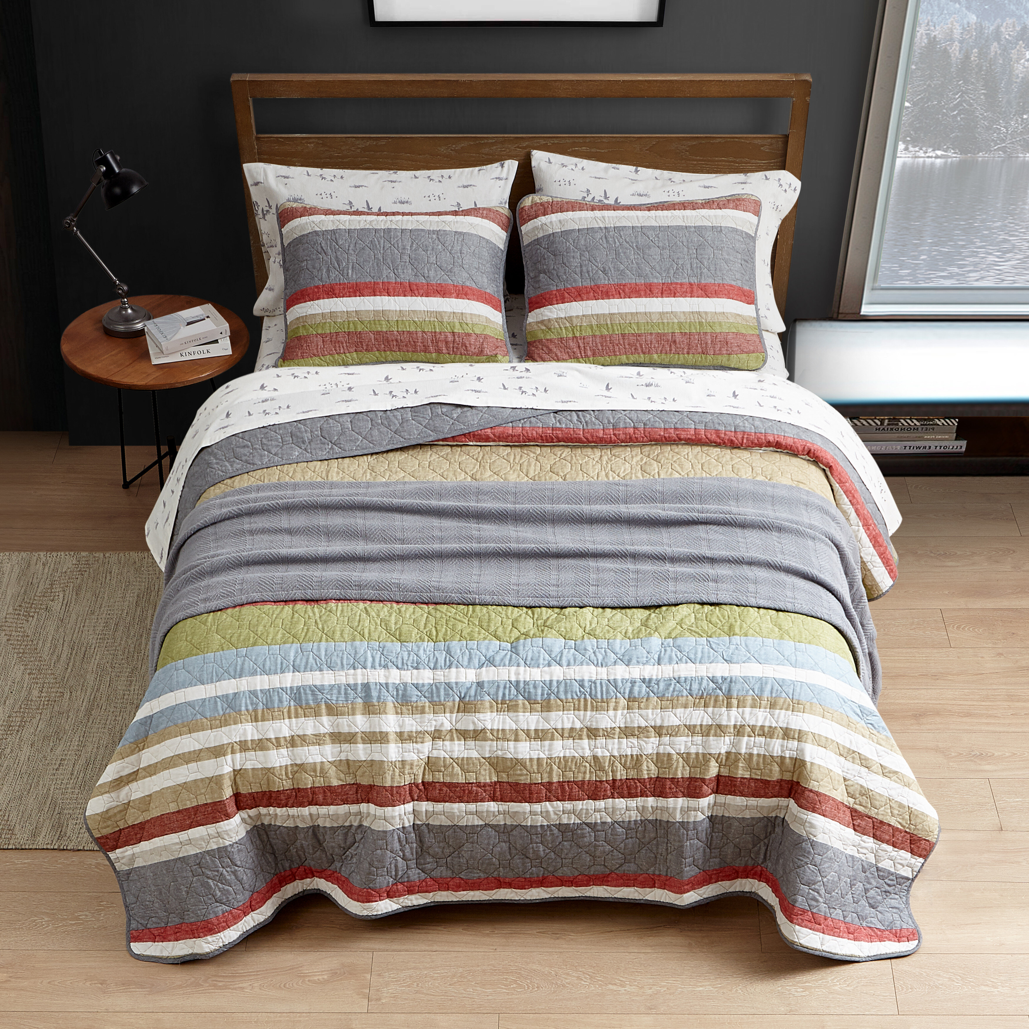 Quilt Set Reversible Stripe Cotton Bedroom Sham Color Size Twin Full/Queen King 