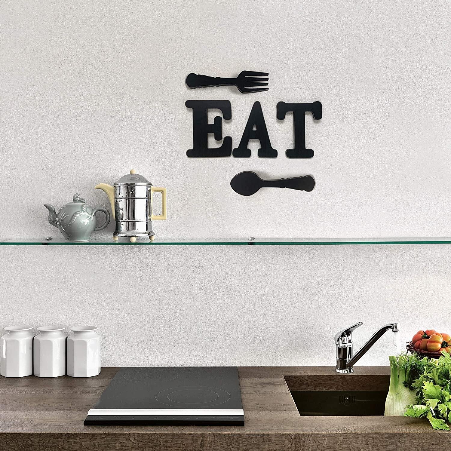 Jetec Eat Wood Sign Eat Sign Decor with Fork and Spoon Patterns for Kitchen Rustic Farmhouse Decoration Family Home Dining Room 