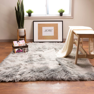 Diller Gray Faux Sheepskin Fur Machine Washable Shag Fluffy Area Rug
