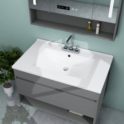 Meje 29.75x18 Inch Drop In Rectanglar 3 Holes Bathroom Sink, Vanity Top Only, For 4-inch Centerset Faucet , White