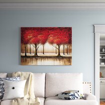 Parade Red Tree in Field 3 PCS Canvas Printed Wall Art Poster Home Decor 