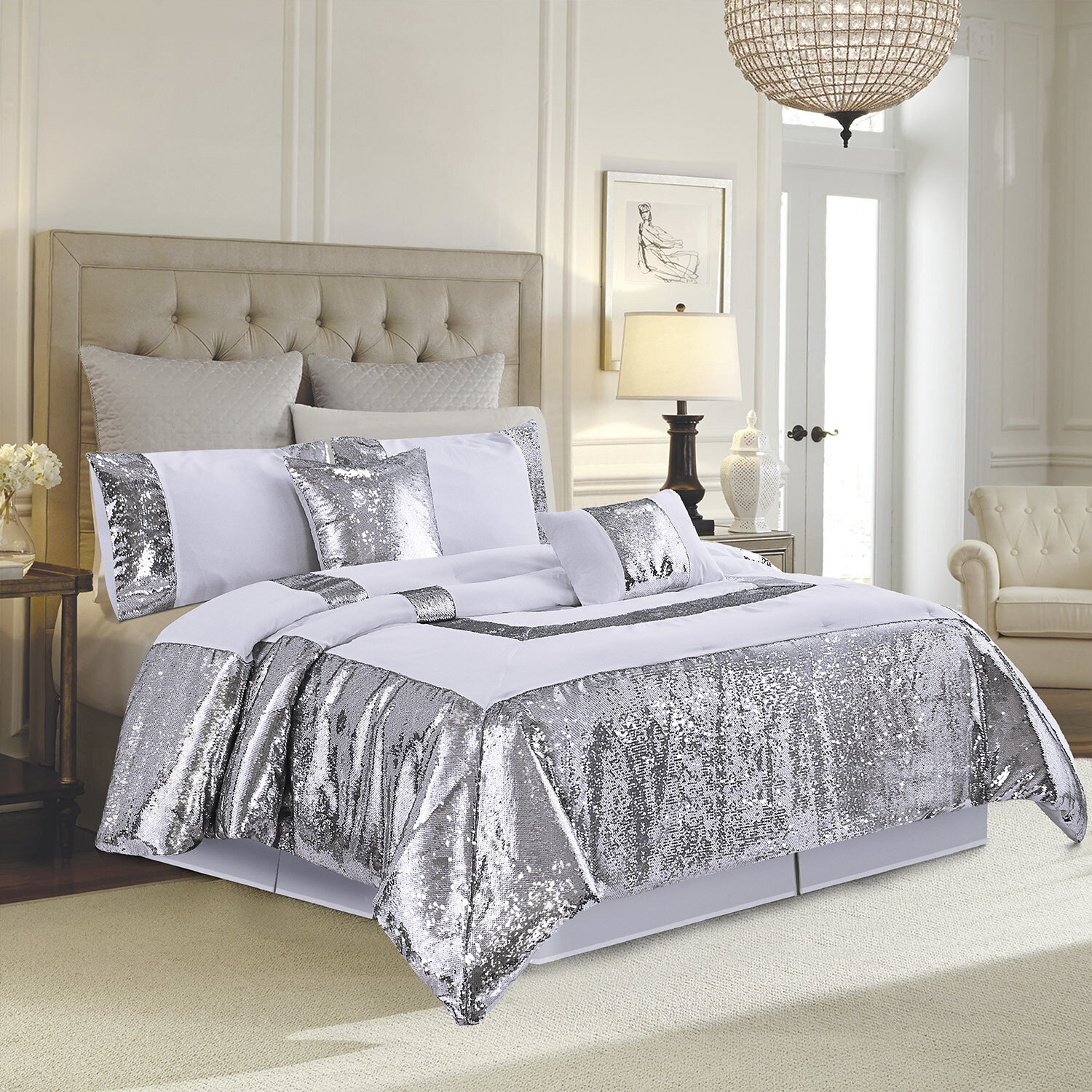 Silver Grey Comforter 10 pcs Light Weight Soft Comforter  Set with Sham All Size 