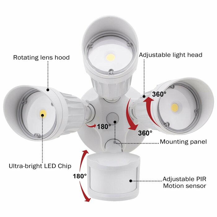 3 Head Security 30 Watt Led Connectivity Outdoor Security Flood Light With Motion Sensor