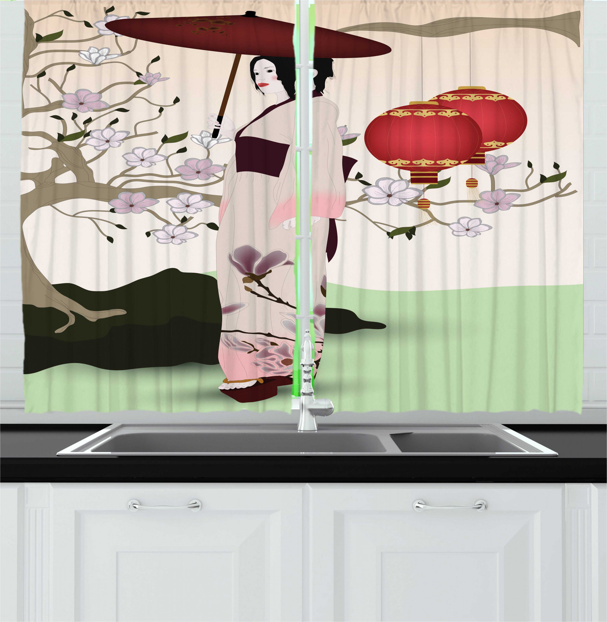 East Urban Home 2 Piece Umbrella Girl Inspired Geisha Scene With Traditional Oriental Garden Kitchen Curtain Set Wayfair