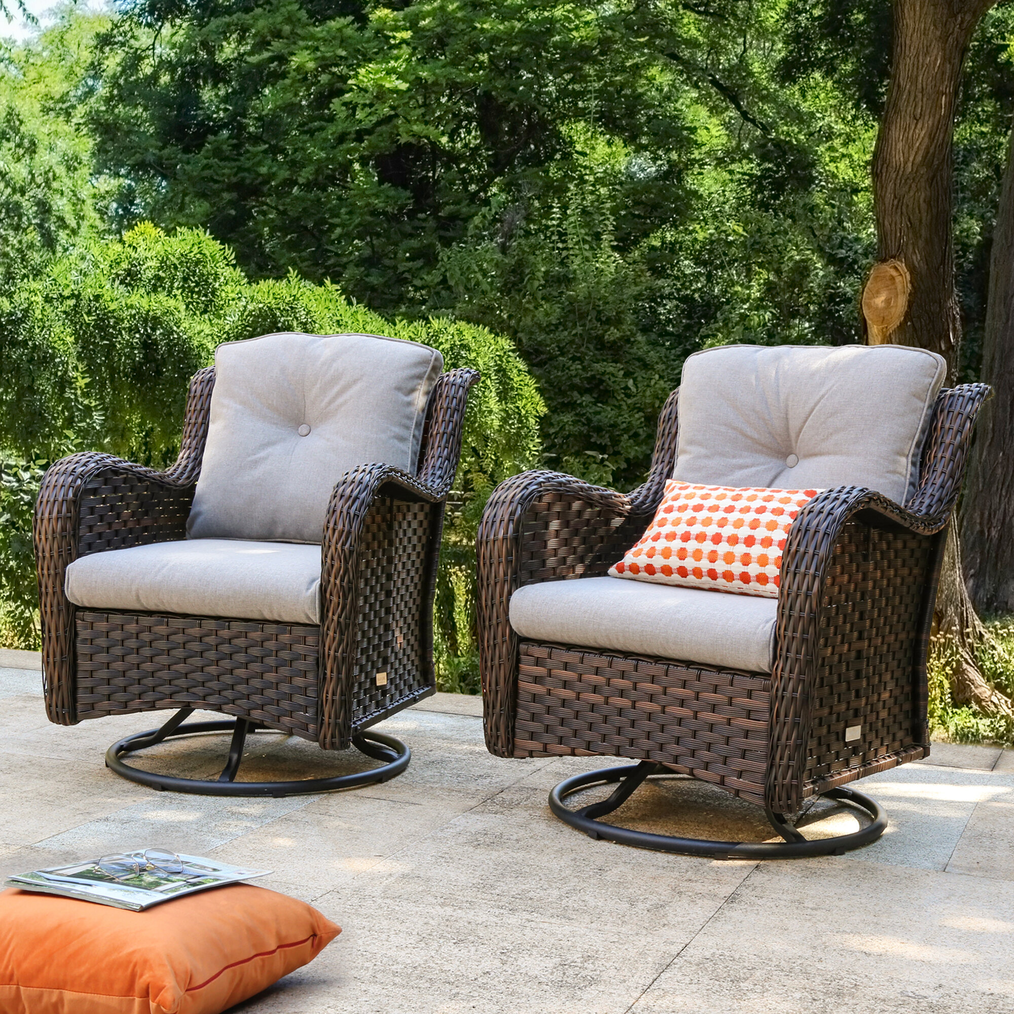 Sea Island Wicker Patio Lounge Chair Set With Red Cushion Set of 2