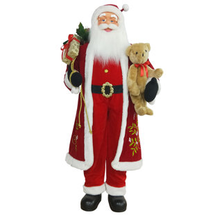 Bag of Gifts 12 Tree Top Santa Claus Vintage Old Saint Nick Christmas Tree Topper Jingle Bells Red /& Green Velvet with Faux Fur Coat