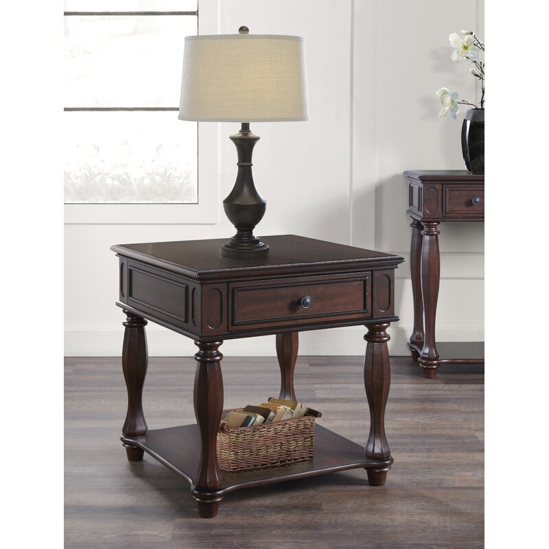 end table with lamp and storage