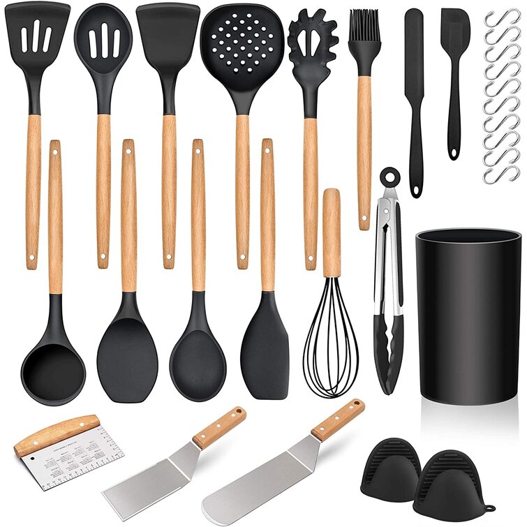 9 Pieces Natural Wooden Handles Cooking Tools Turner Tongs Spatula Spoon for Nonstick Cookware Black Grey Silicone Cooking Utensils Kitchen Utensil Set