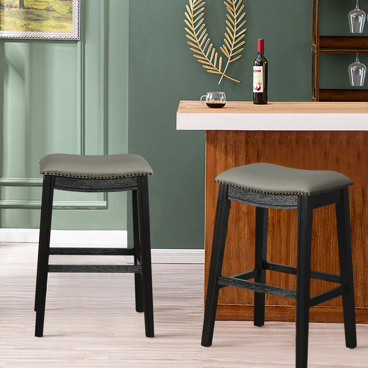 Red Barrel Studio® Black Set Of 2 Kitchen Counter Chair Leather Seat  Nailhead Saddle Bar Stool