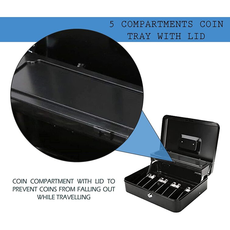 Cash Box with Money Tray lock Large Steel 5 Compartment Key Black Tiered