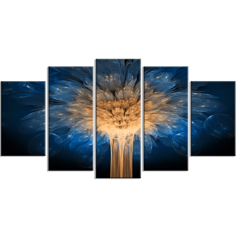Designart Fractal 3d Blue Dragon Flower 5 Piece Graphic Art On