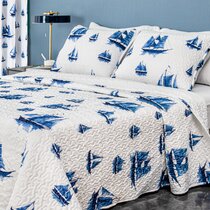 Details about   Nautical Quilted Coverlet & Pillow Shams Set Shell Helm and Ship Print 
