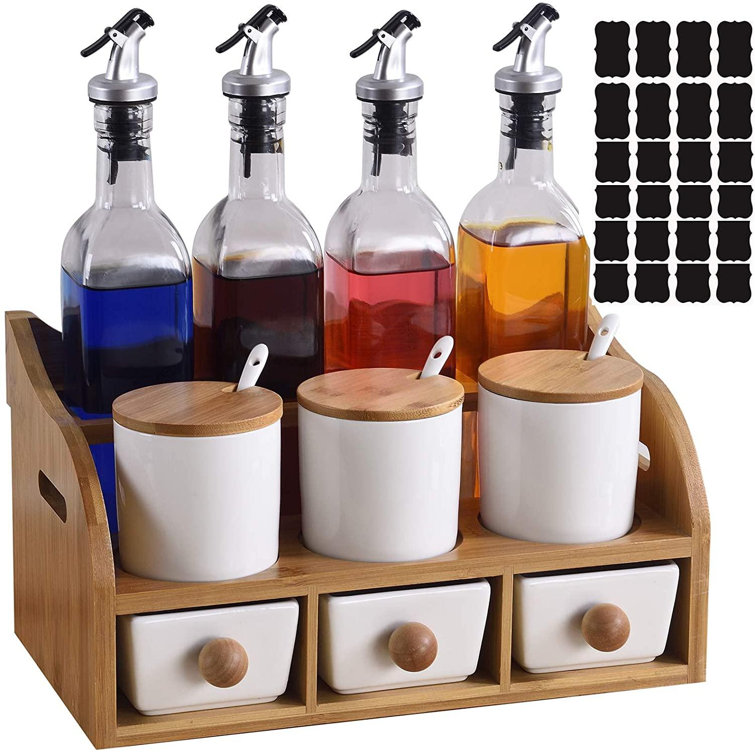 Prep & Savour Condiment Jars And Glass Oil Bottles Set With Wooden