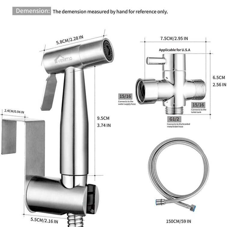 Handheld Stainless Steel Bidet Spray Shower Head Shattaf Toilet W/ Hose Kit 59in