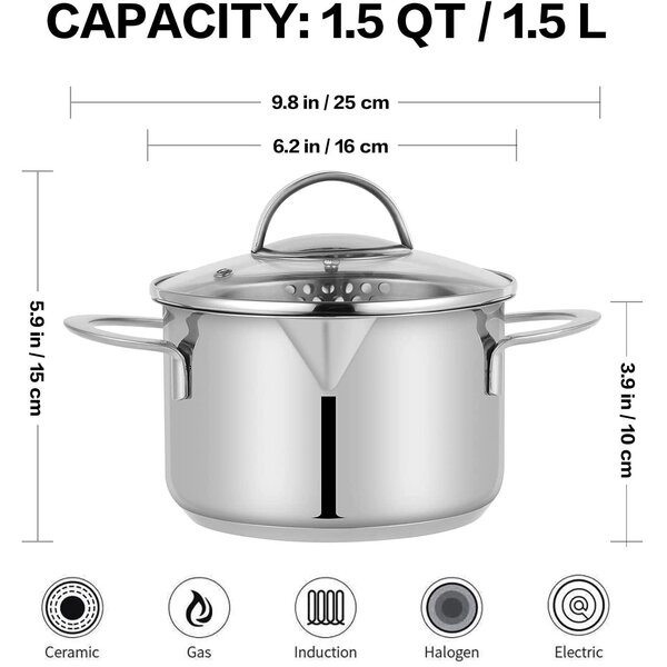 SpicyMedia Stainless Steel Dutch Oven With Strainer Glass Lid,1.5 Quart ...
