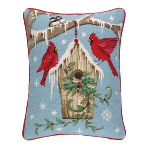 Winter Nest Birdhouse Needlepoint Lumbar Pillow