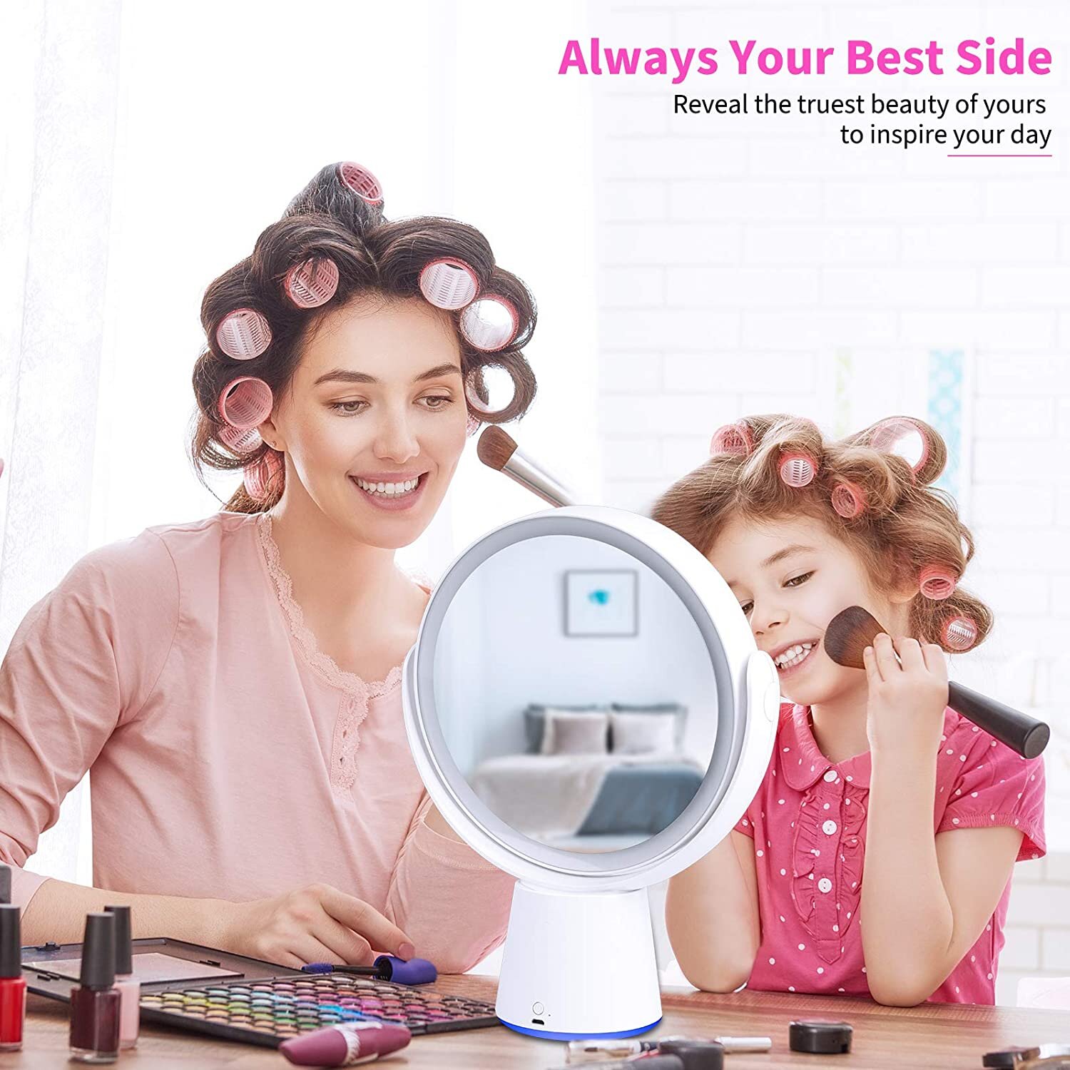 8'' Wall Mounted Makeup Mirror Black USB Rechargeable Double Sided with 3 Tones LED Lights 1x/10x Magnifying Bathroom Mirror for Shaving Extendable Arm Touch Control1X/10X 