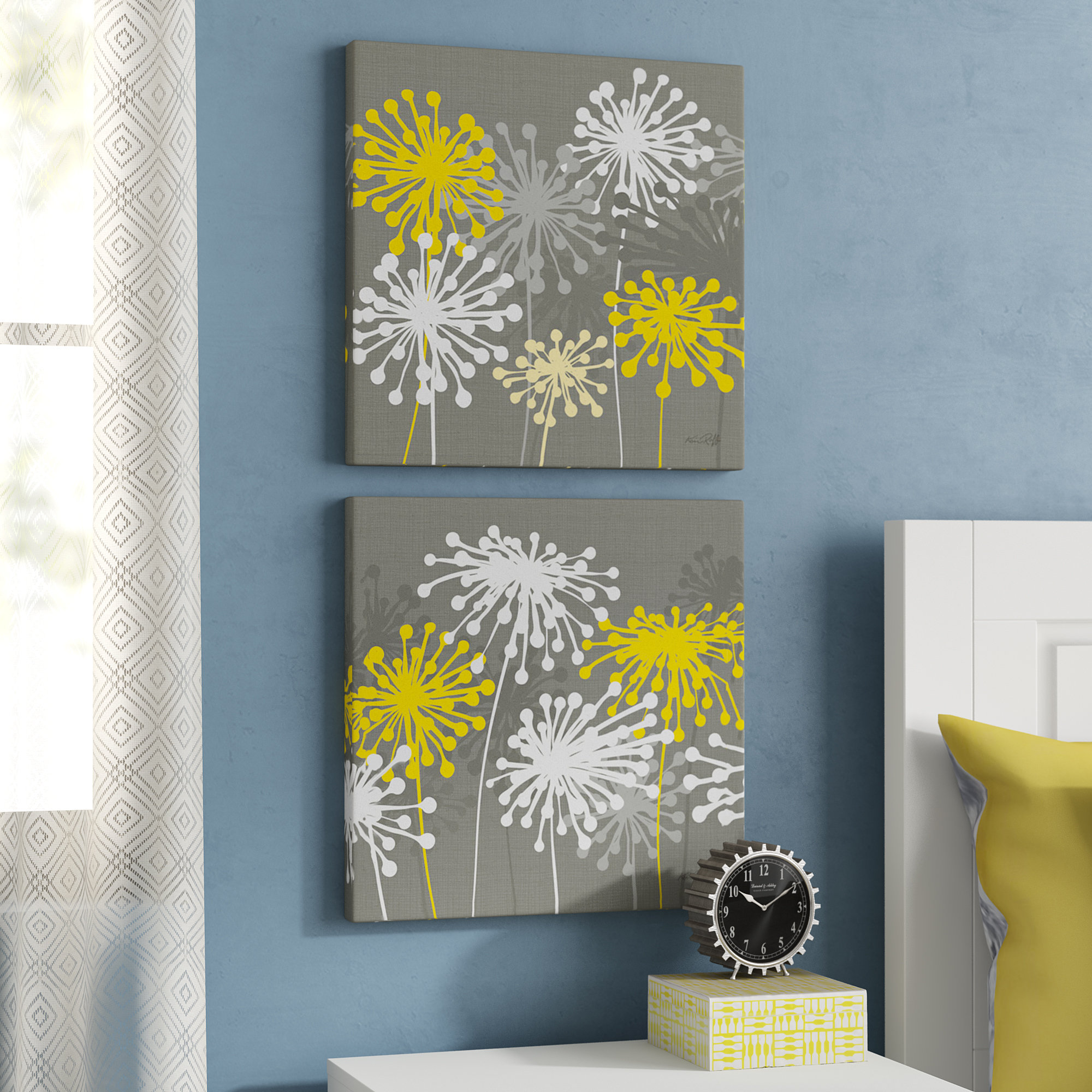 Latitude Run Gray White And Yellow Dandelion 2 Piece Graphic Art Print Set In Canvas Reviews Wayfair