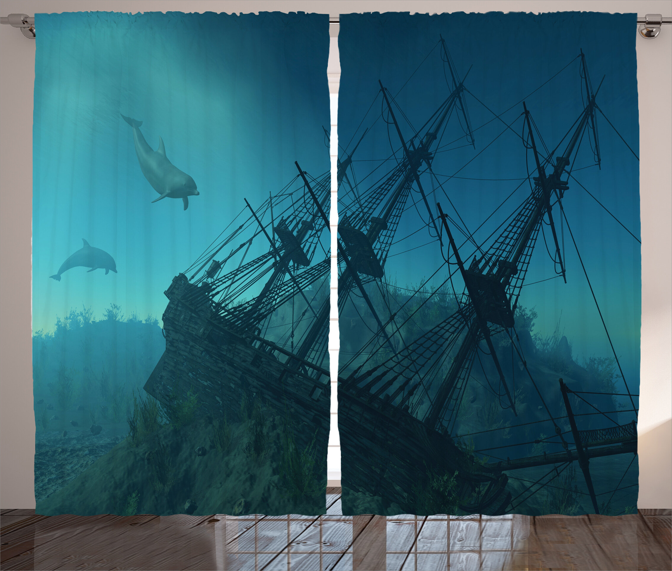 Nautical Underwater Sunken Ship Room Darkening Rod Pocket Curtain Panels