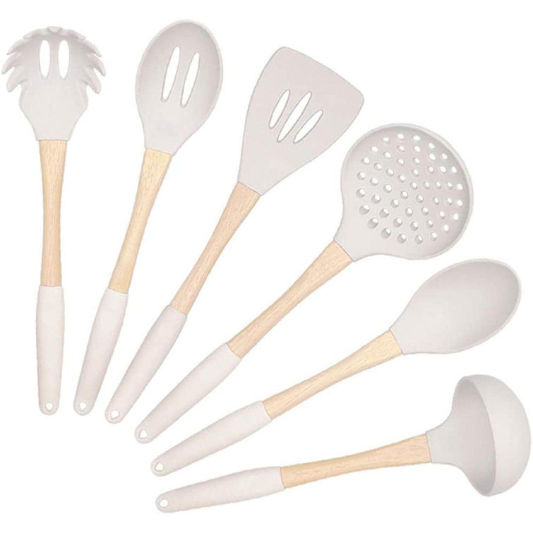 Silicone Kitchen Utensils With Natural Wooden Handle, Nonscratch Ergonomic  Kitchen Tool Set For Nonstick Cookware White