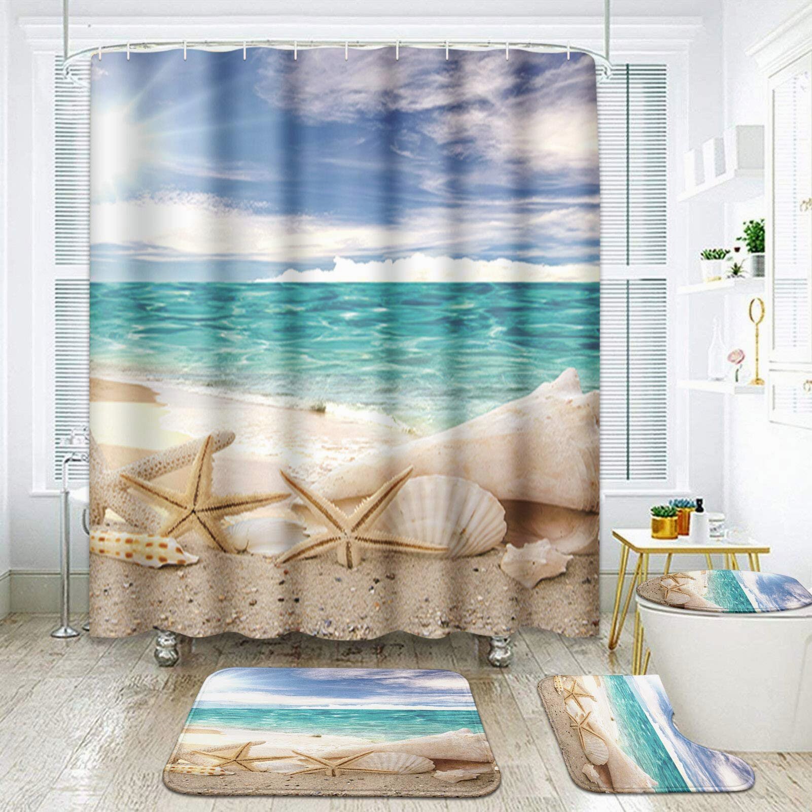 Blue Sea Beach Island Shower Curtain BathMat Toilet Cover Rug Bathroom Decor Set 