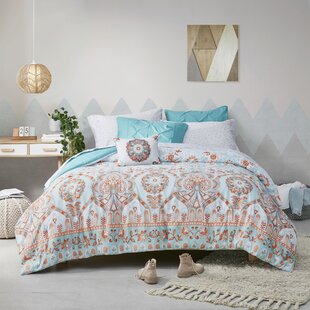 9 Pc Bed In A Bag Coral & Aqua Boho Bohemian Girls Full Comforter & Sheet Set 