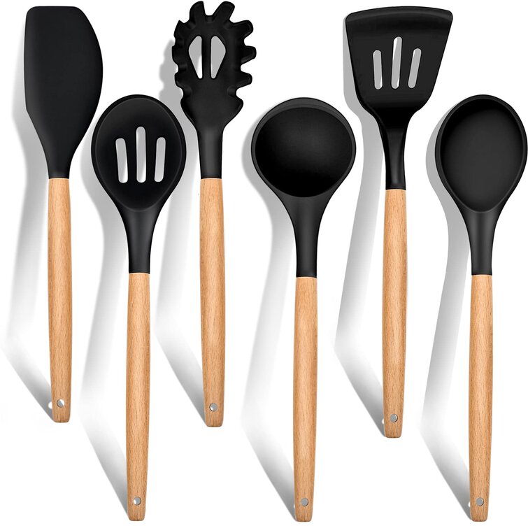 Cooking Utensils Silicone Heat Resistant Wooden Handle Non-Stick Spatula Spoon 
