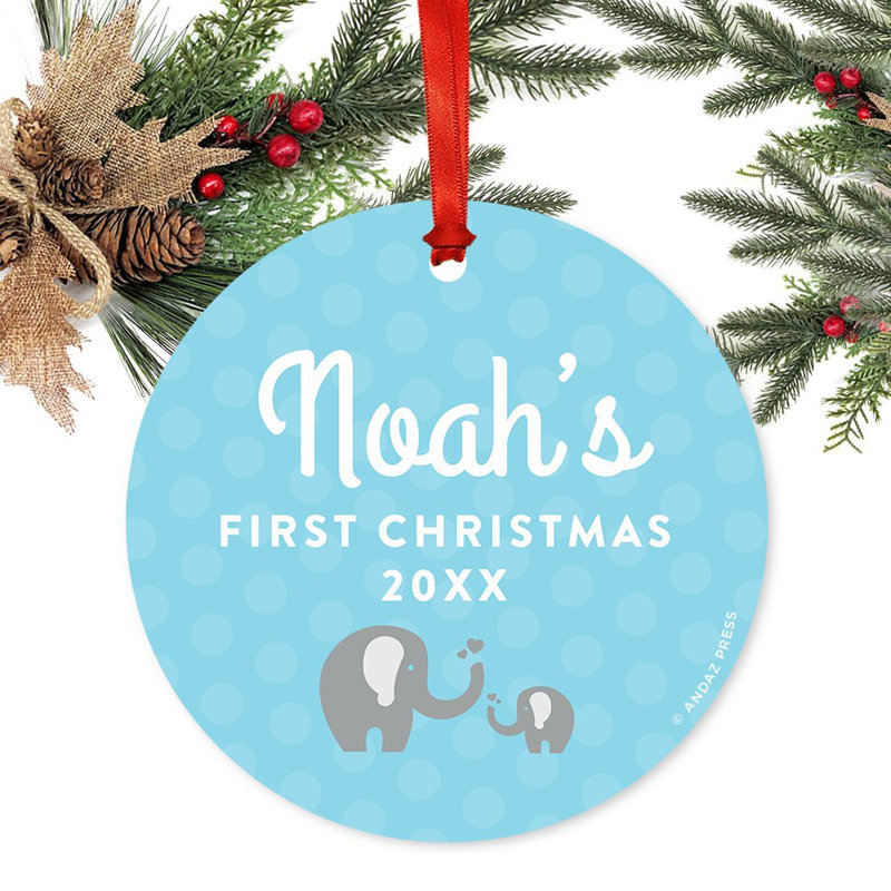 Personalized First Christmas Baby Elephant Boy Ball Ornament