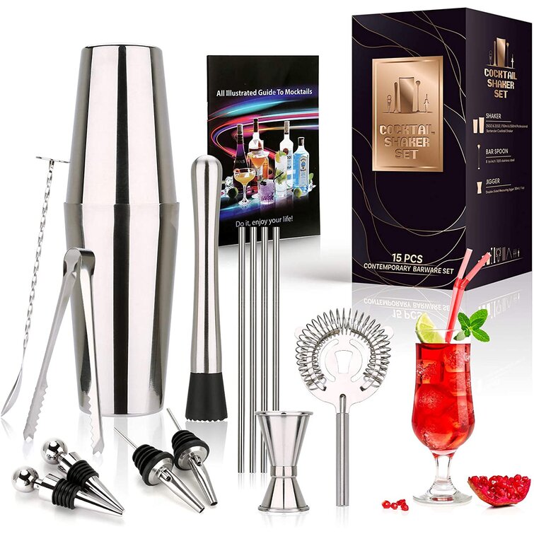 Prep & Savour Cocktail Shaker Bar Tool Set - 15 Pcs 304 Stainless Bartender Kit - All Bar Accessories, Shaker, Strainer, Jigger, Muddler, Bottle Pourer, Tongs, Spoon, Straw For