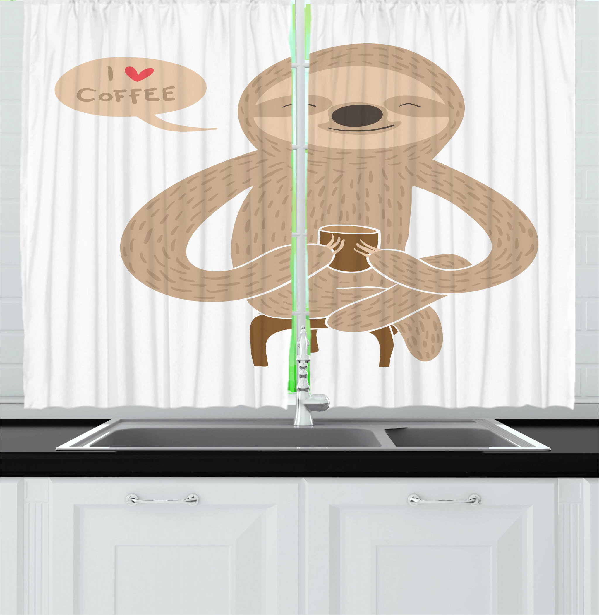 East Urban Home 2 Piece Smile I Love Coffee Speech Bubble And A Sloth Holding A Coffee Cup Kitchen Curtain Set Wayfair