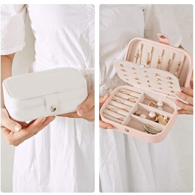 Portable Jewelry Storage Box Necklace Earrings Rings Organizer Case White Pink