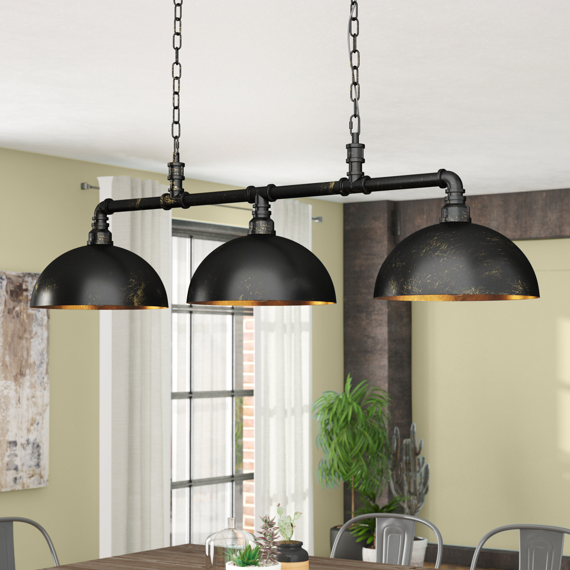 PUZHI HOME Black Industrial Kitchen Island Pendant Lighting 4-Light Modern Hanging Lamp Contemporary Light Fixtures with Frame Brass Lamp E26 Socket for Kitchen Dining Room