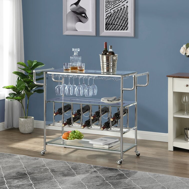 Stylish Deco Glamour Silver Drinks Trolley With Glass Shelves For Your Home