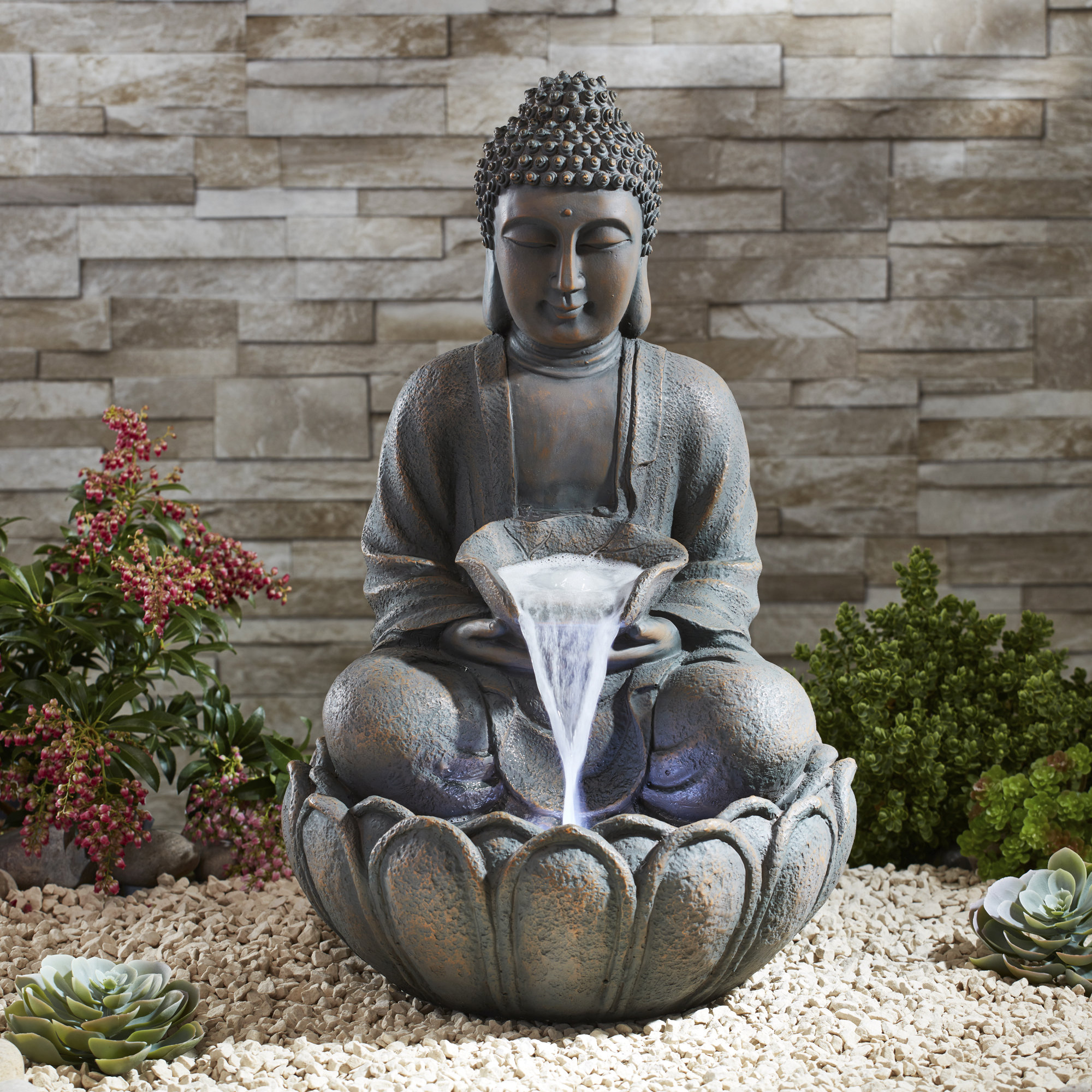 Bloomsbury Market Stetler Resin Sitting Buddha Water Feature With Led Light Wayfair Co Uk
