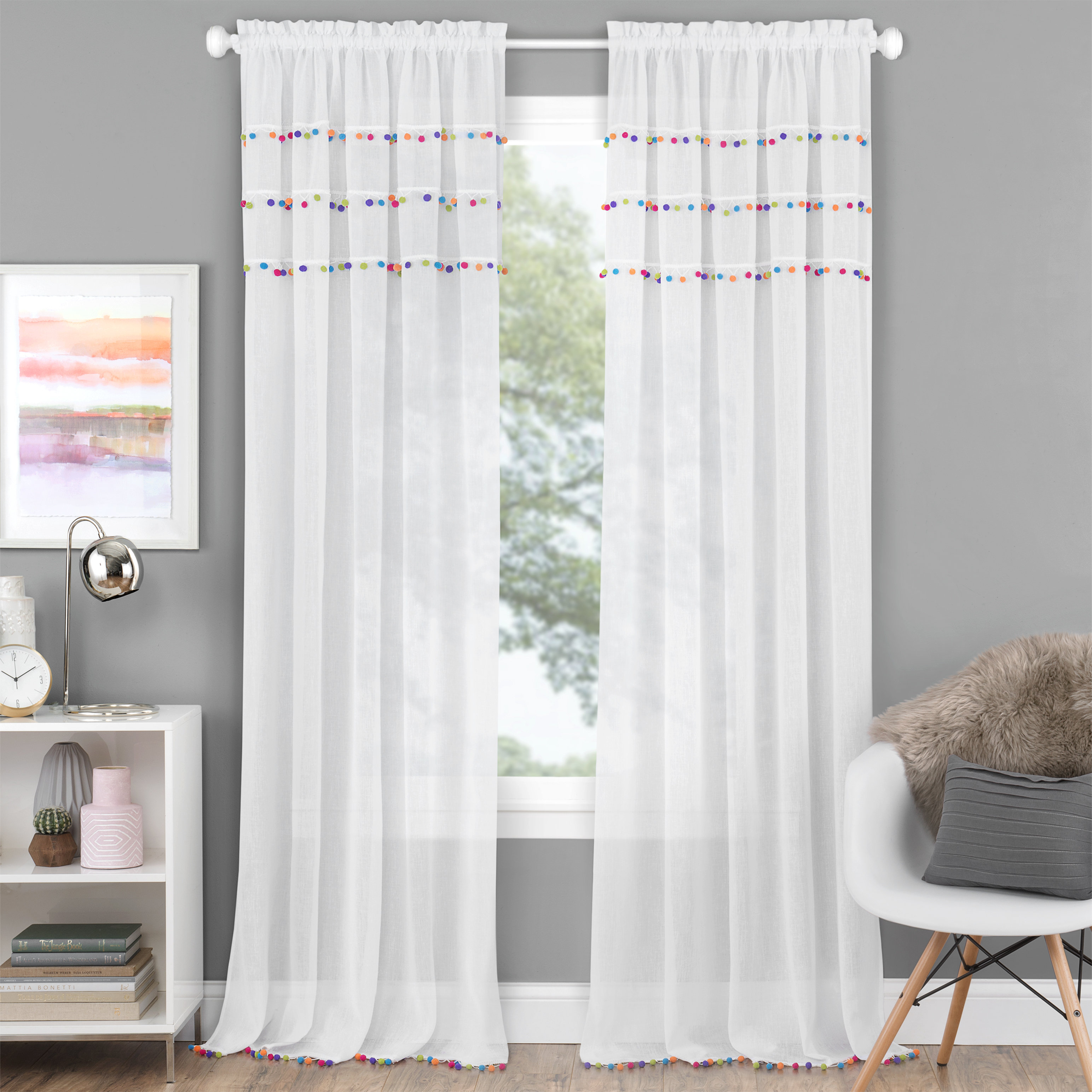 Mistana Zosia Pom Pom Solid Semi Sheer Rod Pocket Single Curtain