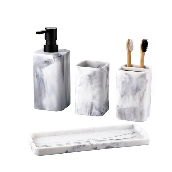 4 Piece Polyresin Bathroom Accessory Set Faux Marble Look with Silver Accents 
