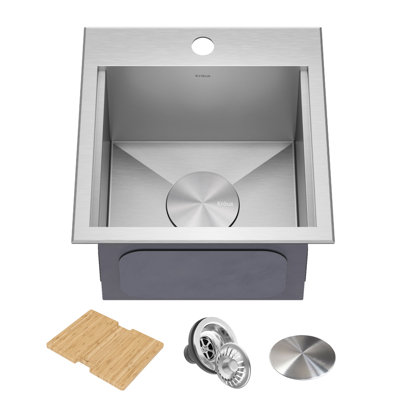 KRAUS Kore™ 15" L Drop-In Top Mount Workstation 16 Gauge Stainless Steel Square Single Bowl Kitchen Bar Sink 
