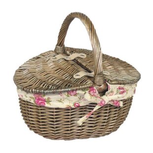 Double Lidded Small Oval Picnic Basket With Garden Rose Lining By Lily Manor