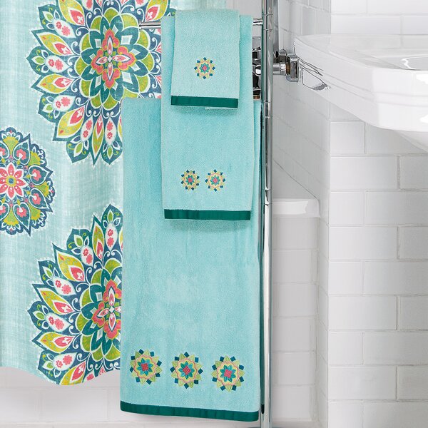 3 Piece Embroidered Flower Bath Hand and Fingertip Towel Set Aqua Blue 